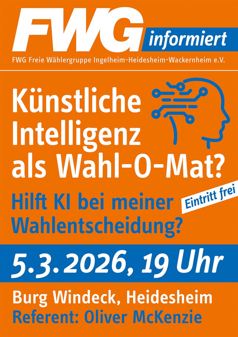 FWG informiert – Künstliche Intelligenz als Wahl-O-Mat? 5. März 2026, 19 Uhr, Burg Windeck Heidesheim. Referent: Oliver McKenzie. Eintritt frei.